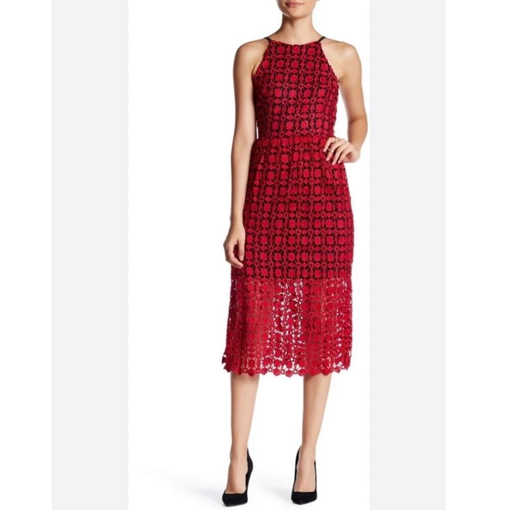 Aqua Red Crochet Lace Halter Midi Dress Size S Illusion Hem Wedding Guest